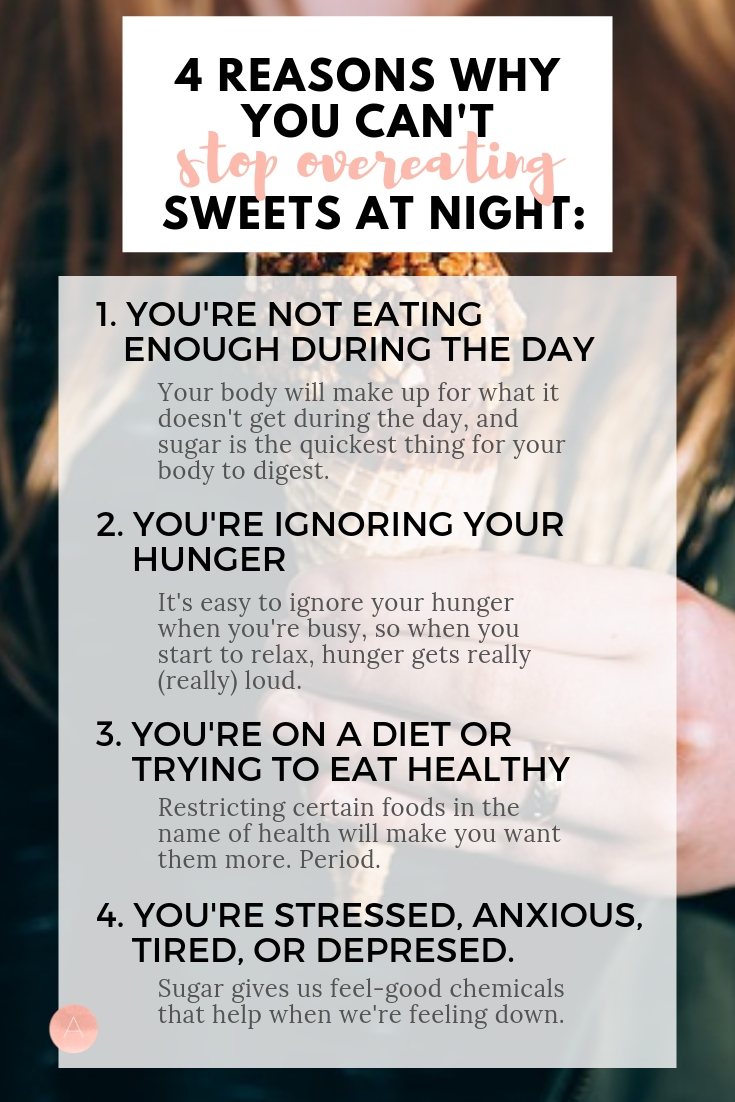 Do you feel like your habit of eating too much food is interfering with your weight loss goals? Are you sick of the never-ending cycle of dieting all day then binging all night? It’s. not. your. fault. Learn the reasons behind why you eat the way you do and tips you can take action on today to change it. #weightloss #overeating #sweettooth #sugar #sugarfree