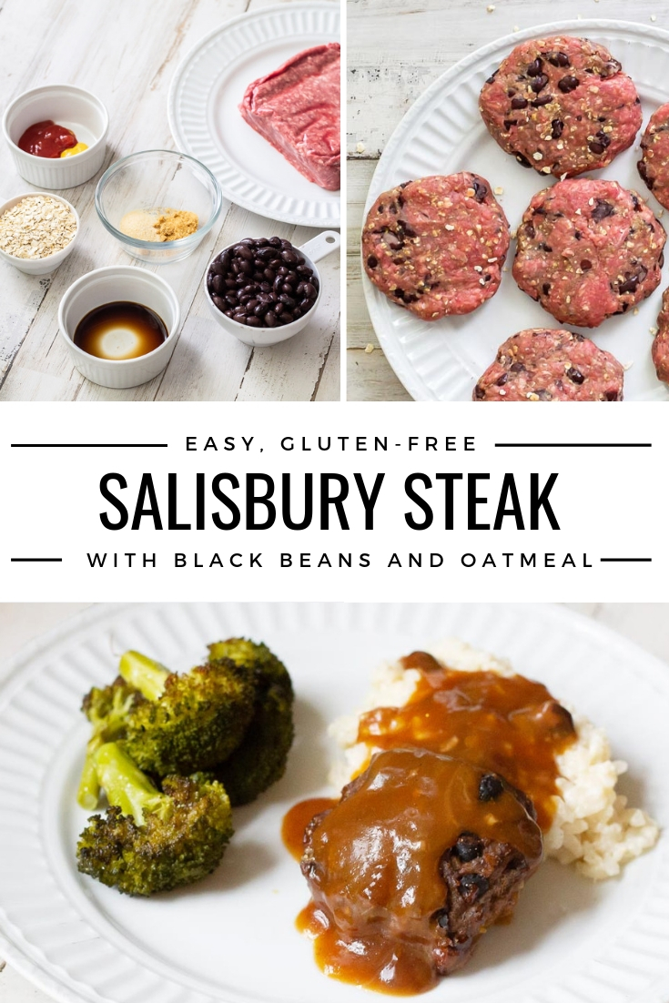 If you’re looking for go-to easy gluten free recipes for dinner that are great for feeding families and saving money, then stop the search now. This simple and easy salisbury steak recipe features ground beef and secret healthy swaps with black beans and oatmeal. Your picky eaters will never know the difference! #glutenfreerecipes #healthymeals #easydinners #easyhealthyrecipes