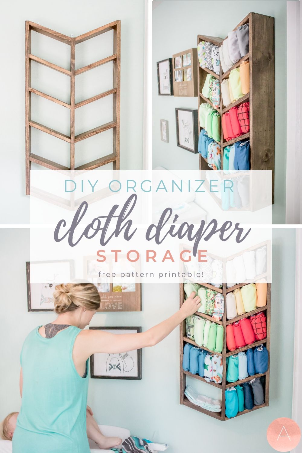 Do you need a storage idea for your little one’s cloth diapers? Don’t hide those cute designs away - display them in this super trendy hanging cloth diaper DIY organizer! Hang it on the wall, then use it as a multi-purpose shelf once your little one is potty trained. Learn how to make it yourself - just click for the free pattern! #clothdiapers #babynursery #nurserydesign #homestorage #organized #diykids